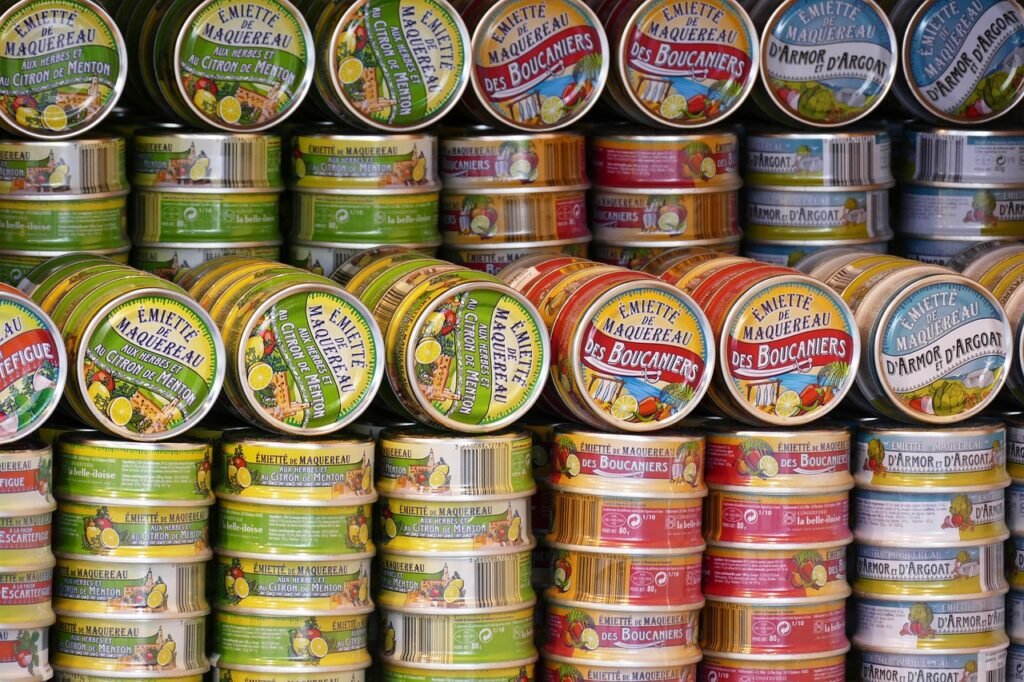 canned goods, cans, canned food, finished products, meal, tin can, fish, can, shelf, food, supermarket, sardines, potted, rifle, nature, packaging