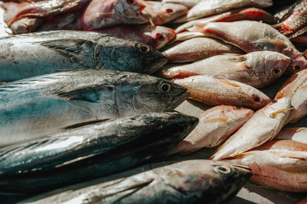 A variety of freshly caught fish displayed in a market in Surabaya, Indonesia, showcasing local seafood.